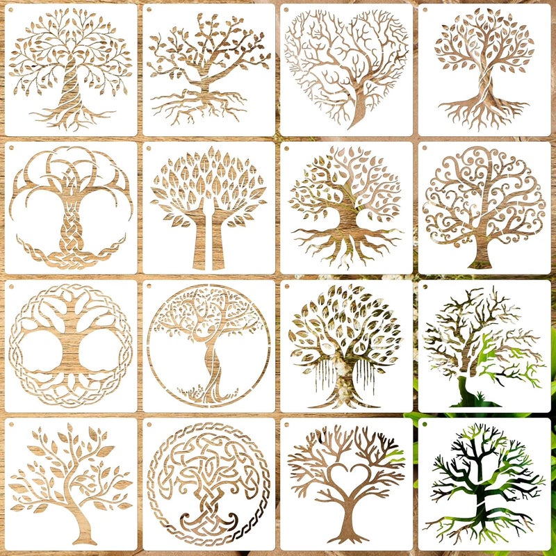 Resflyar 16 PCS 6 x 6 Inch Tree of Life Stencils, Plant Reusable Plastic Paint Templates for Painting on Wood, Trees Stencils Set for Rock Canvas Drawing Art Fabric Tile Home DIY Craft Decoration - Image 1